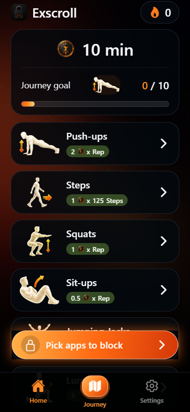 Exscroll exercise and earned-minutes home screen
